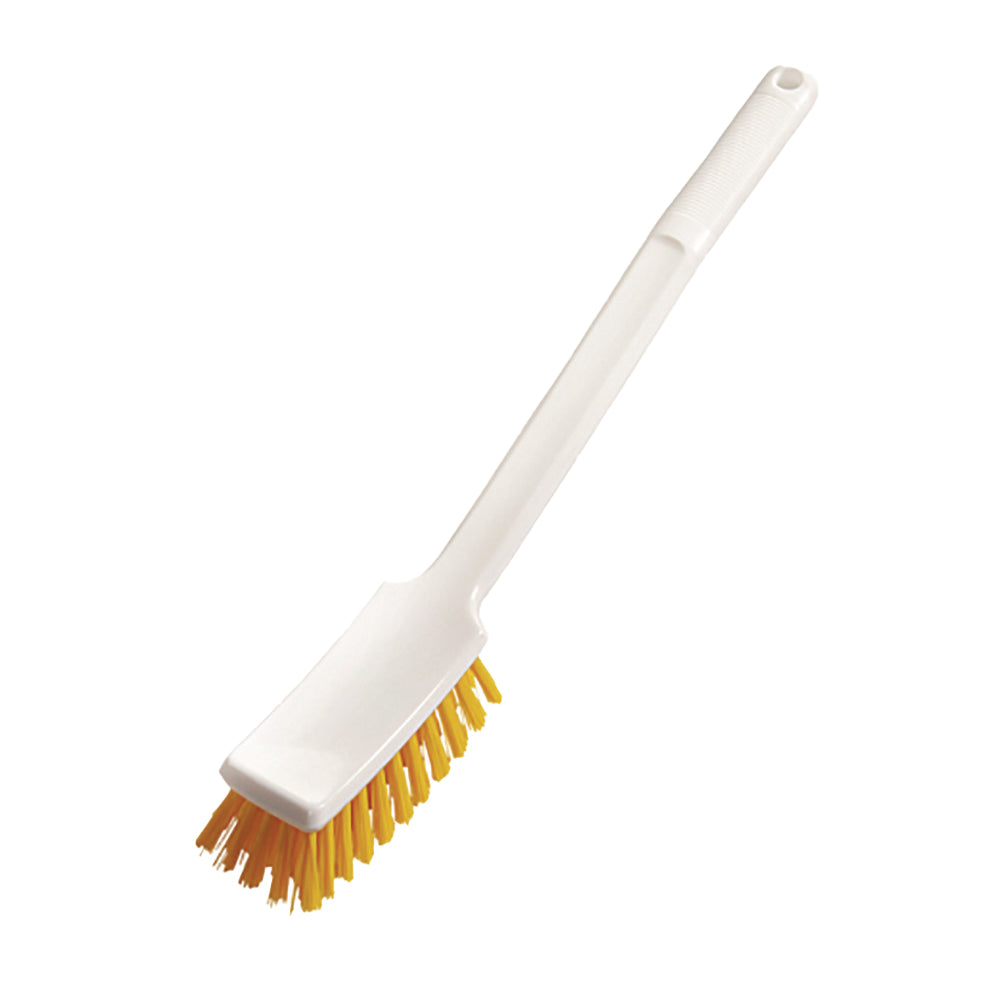 The handle brush 400x48x35 mm, hard from Diversey Deutschland GmbH & Co. OHG features a white handle and a rectangular yellow head with hard bristles, depicted against a white background.