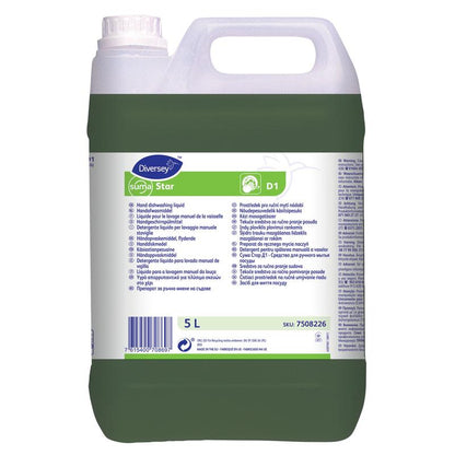 A 5-liter container of Suma Star D1, liquid neutral manual dishwashing detergent from Diversey Deutschland GmbH & Co. OHG features a white cap, a multilingual label, and a green liquid for thorough manual dishwashing.
