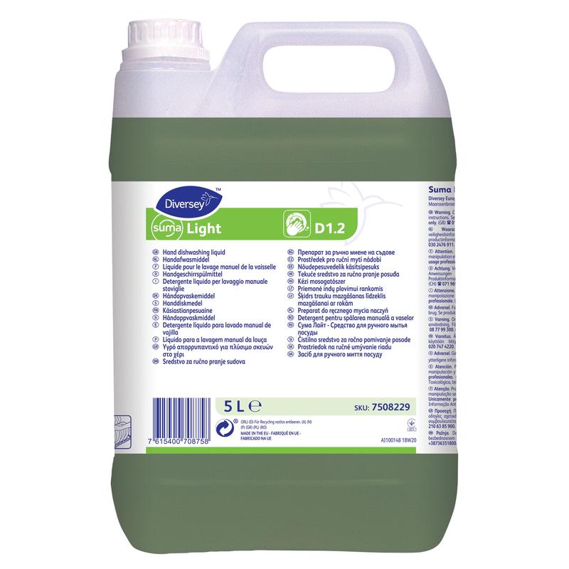 A 5-liter plastic container of Suma Light D1.2 hand dishwashing detergent from Diversey Deutschland GmbH & Co. OHG removes grease and dirt for sparkling clean dishes; the label contains product information and instructions in multiple languages.