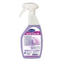 A white 0.75 l spray bottle of Diversey Room Care R9 Acidic Sanitary Cleaner from Diversey Deutschland GmbH & Co. OHG, with purple cleaning solution and multilingual instructions; available in cartons with 6 bottles.