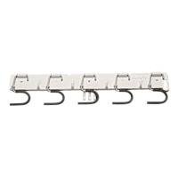 The device bar, white (440 x 50 mm) from Diversey Deutschland GmbH & Co. OHG, features four black hooks for hanging items or organizing small electronic devices. Delivered in one piece.