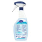 A white-blue spray bottle labeled "Room Care R3, Surface and Glass Cleaner" from Diversey Deutschland GmbH & Co. OHG holds 0.75L of cleaner. The label shows multilingual instructions and information for streak-free cleaning.