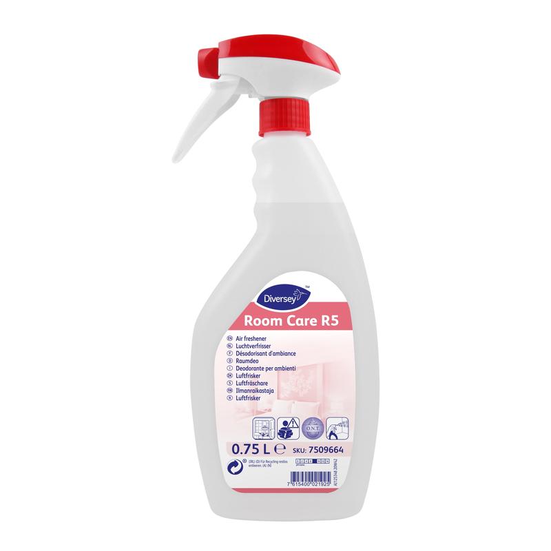 A white 750 ml plastic spray bottle labeled "Room Care R5, room deodorizer" from Diversey Deutschland GmbH & Co. OHG offers odor neutralization, with multilingual labeling and SKU on the bottom.