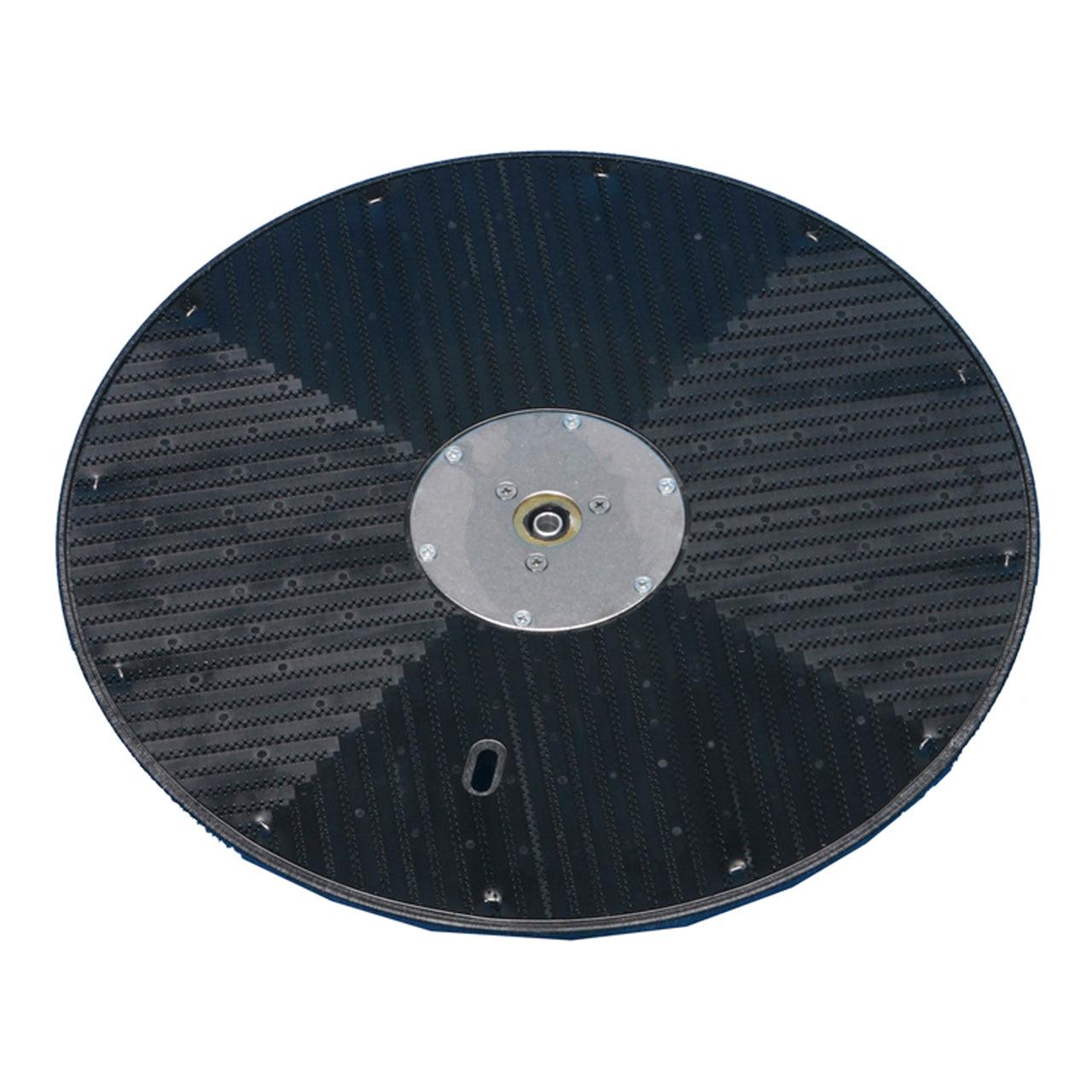 The detailed view of the Highspeed (43 cm) drive holder from Diversey Deutschland GmbH & Co. OHG shows its central metal plate and the patterned, slotted surface, designed for TASKI ergodisc duo/400 - ideal for cleaning staff, package contains 1 piece.