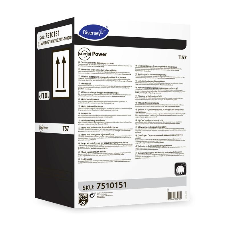 Eine weiße Schachtel Suma Power T57 Alkalibooster für maschinelle Geschirrspülsysteme von Diversey Deutschland GmbH & Co. OHG, mit mehrsprachiger Anleitung, schwarzem Seitenteil und SKU 7510151 auf zwei Etiketten.