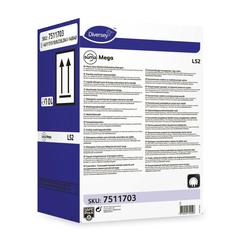 The Diversey Deutschland Suma Mega L52 dishwashing detergent for soft water is delivered in a rectangular box with product information, instructions for use, and safety symbols on the front and side walls.