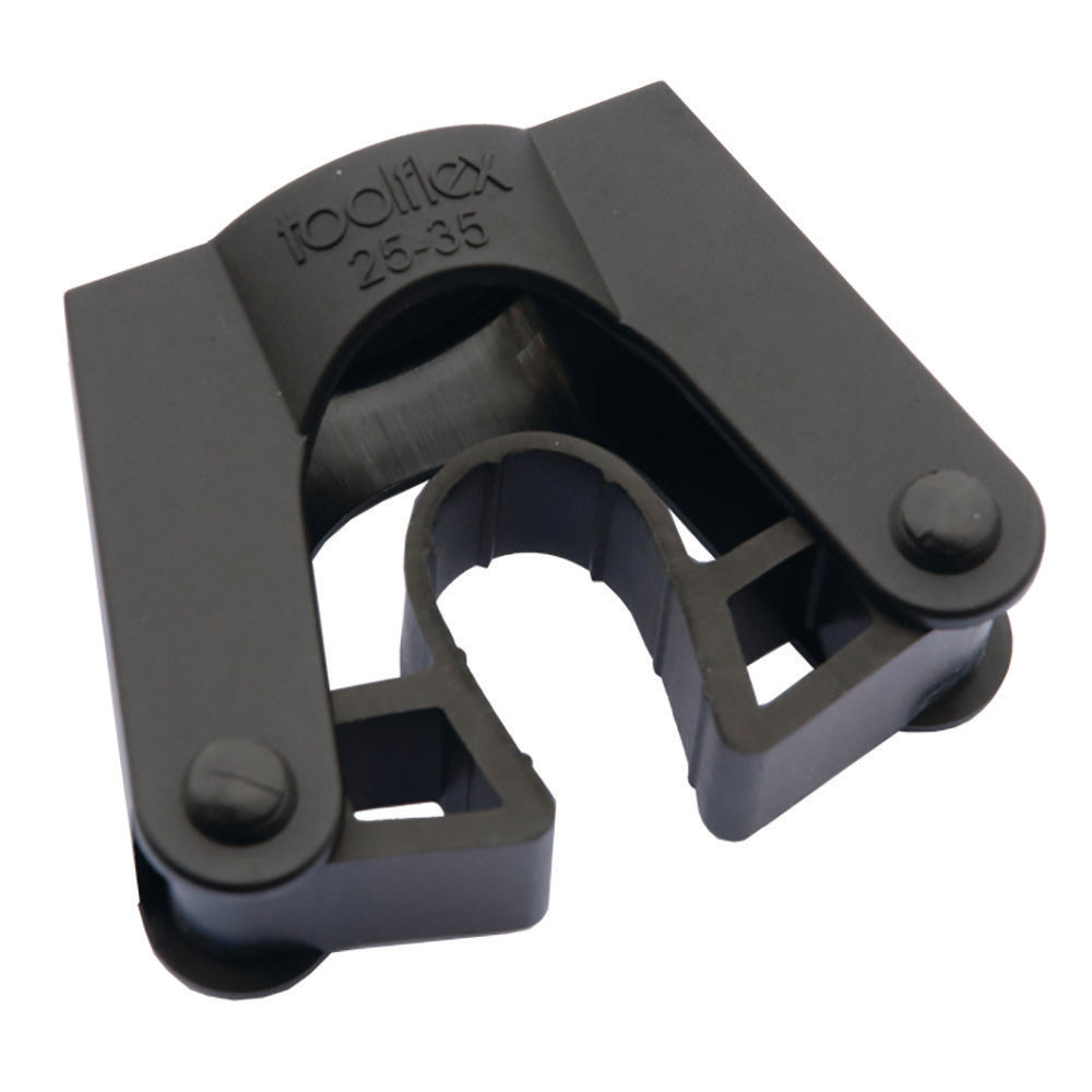 A black plastic pipe clip, TASKI Toolflex handle holder from Diversey Deutschland GmbH & Co. OHG, with a curved middle slot that securely holds cylindrical handles or cleaning tools in place.