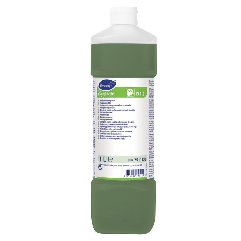 A 1-liter plastic bottle of Diversey Deutschland GmbH & Co. OHG Suma Light D1.2 hand dishwashing detergent with a white cap and green liquid. The label includes multilingual instructions for removing grease and dirt for sparkling clean dishes.