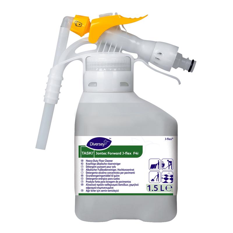 A 1.5-liter bottle of TASKI Jontec Forward floor cleaner concentrate from Diversey Deutschland GmbH & Co. OHG with a yellow-white spray nozzle – an effective solution for cleaning floors and surfaces in demanding environments.