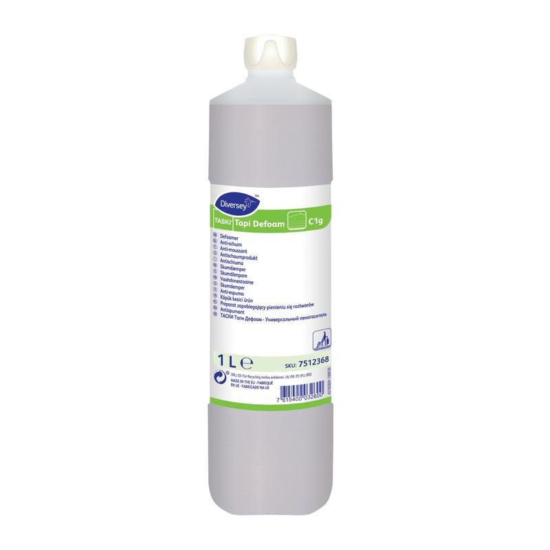 A 1-liter bottle of TASKI Tapi Defoam, an anti-foam product from Diversey Deutschland GmbH & Co. OHG, has a white cap and a multilingual label with product information and instructions.