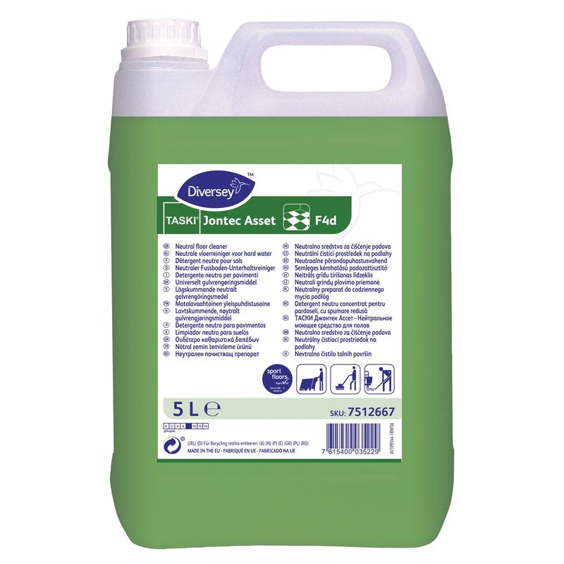 A green 5-liter plastic canister with Diversey TASKI Jontec Asset Neutral Floor Maintenance Cleaner for water-resistant hard floors, with a white cap, safety symbols, product label, and multilingual instructions on the front.