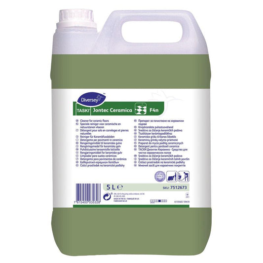 Ein 5-Liter-Kanister mit TASKI Jontec Ceramica von Diversey, einem streifenfreien Reiniger für Keramikböden und Hochglanzfliesen, mit einem weißen Etikett mit blau/grünem Text und Symbolen sowie einem Griff an der Oberseite.