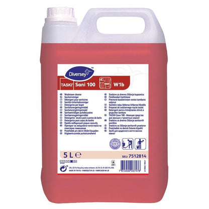 A 5-liter container of TASKI Sani 100 Neutral Sanitary Cleaner from Diversey Deutschland GmbH & Co. OHG with red liquid. The label shows product details and multilingual instructions for hygienic cleanliness in all sanitary areas.
