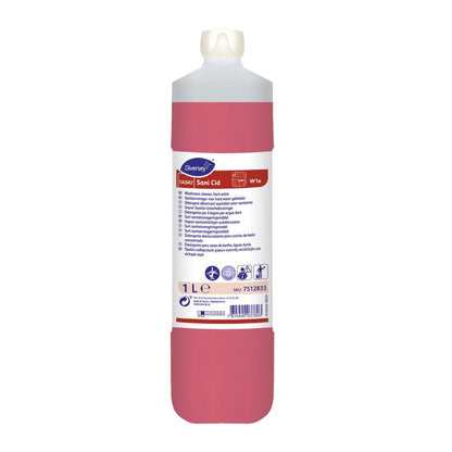 A 1-liter bottle of TASKI Sani Cid sanitary maintenance cleaner from Diversey Deutschland GmbH & Co. OHG features a white cap, a red label with product information, application instructions for hygienic surfaces, and hazard symbols.