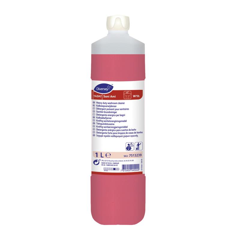 The 1 l TASKI Sani Ami sanitary cleaner from Diversey Deutschland GmbH & Co. OHG uses alkaline and complexing agents to remove stubborn dirt; includes a white cap and multilingual label for easy use.