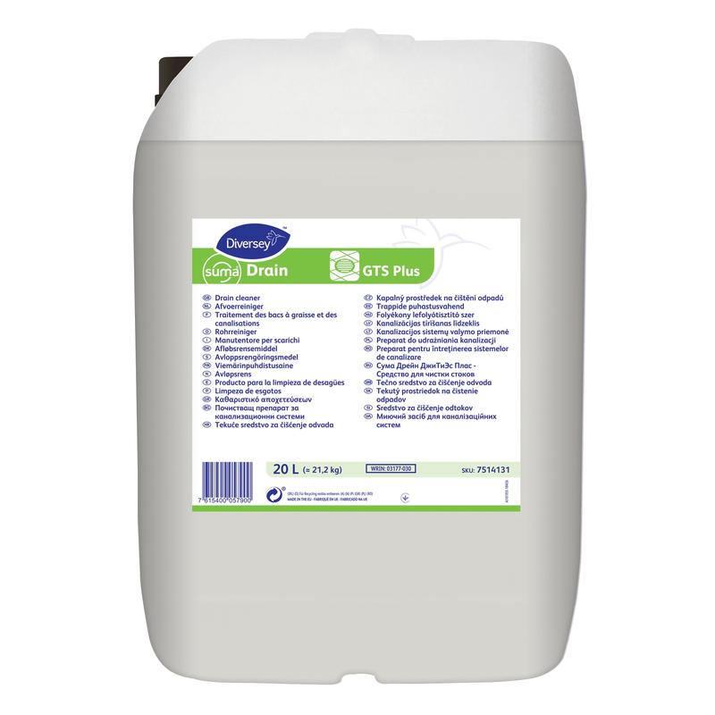 The Suma Drain GTS plus pipe cleaner from Diversey Deutschland GmbH & Co. OHG is a large white 20-liter plastic canister with a handle, ideal for drains in the kitchen and bathroom, with multilingual instructions and the Diversey logo.
