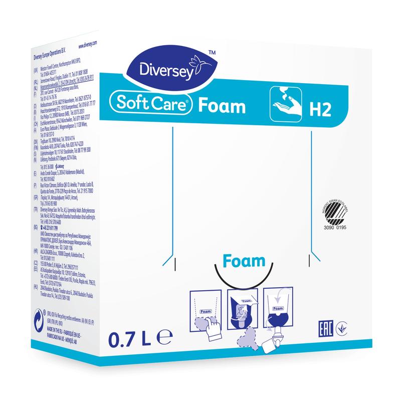 A rectangular box from Diversey Deutschland GmbH & Co. OHG Soft Care Foam, mild foam soap for hand cleaning, cartridge (700 ml), in blue-white packaging with English and Russian inscriptions and instructions for use.