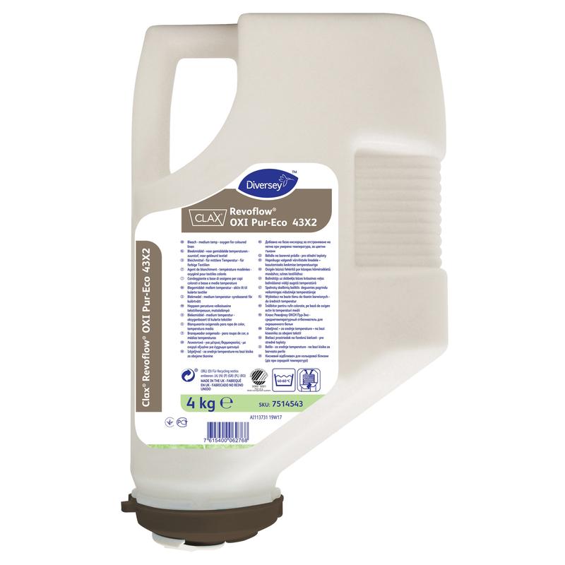 A 4 kg white plastic cartridge from Diversey Deutschland GmbH & Co. OHG Clax Revoflow Oxi PE, an environmentally certified oxygen bleach for colored laundry at medium temperatures, with blue and green brand label with instructions and information.