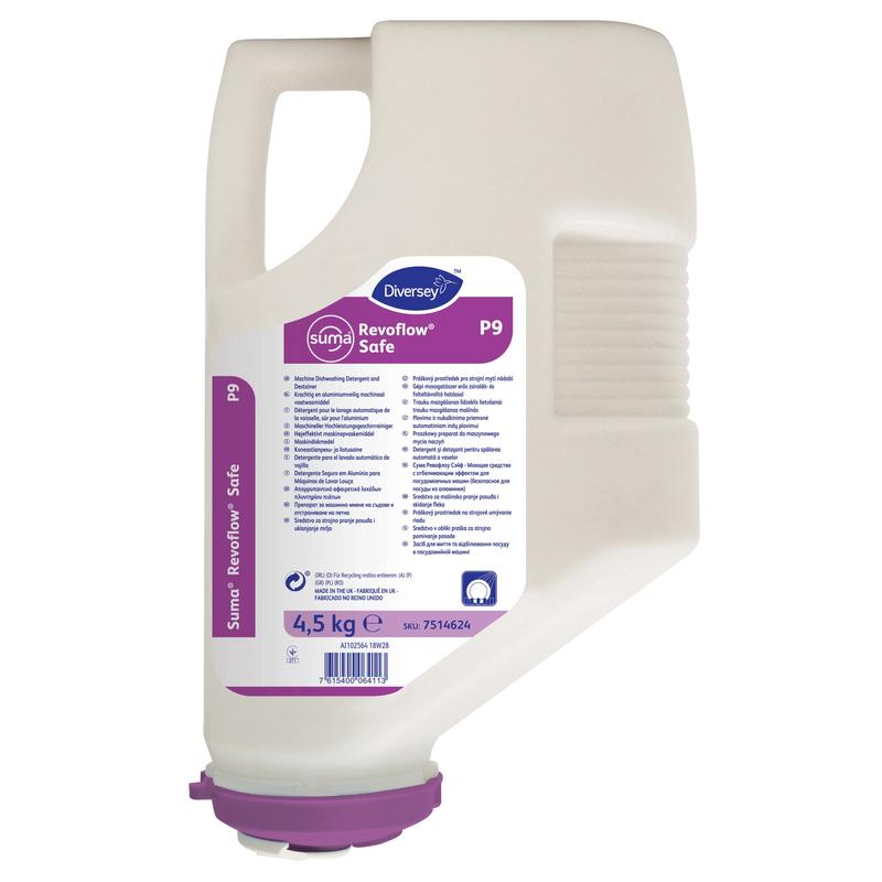 A white 4.5 kg cartridge of Suma Revoflow Safe P9, aluminum-safe cleaner from Diversey Deutschland GmbH & Co. OHG, has a purple lid and a label with product information and instructions for effective cleaning on the front.