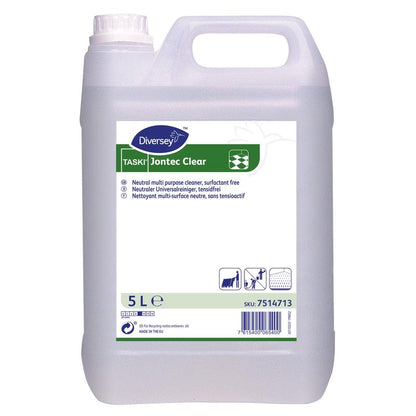 A 5-liter plastic container with TASKI Jontec Clear cleaner for hard floors from Diversey Deutschland GmbH & Co. OHG, pH-neutral. The translucent container features a white cap, a white carrying handle, and a blue-green-white label.