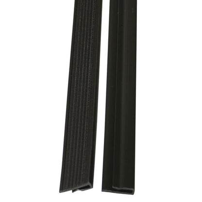 Two black TASKI VersaPlus 2.0 replacement hook-and-loop strips from Diversey Deutschland GmbH & Co. OHG, one ribbed and one smooth, lie side by side on a white background - perfect for cleaning management with the system.