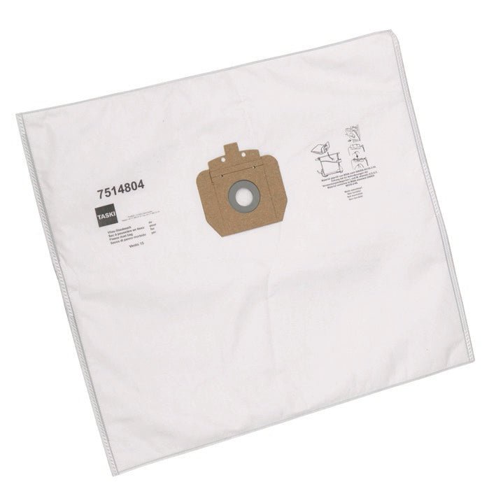 The Diversey fleece vacuum bag Vento 15 for TASKI Vento 15S (carton, 10 packs) is a white, rectangular vacuum cleaner bag with a brown collar, round opening, printed details, and ensures effective protection against dust.
