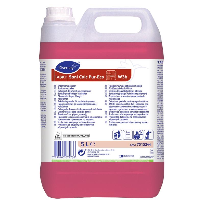 A 5-liter container made of pink plastic with TASKI Sani Calc Pur-Eco sanitary cleaner from Diversey Deutschland GmbH & Co. OHG for effective limescale removal, with a white label with product details, instructions for use, and safety symbols.