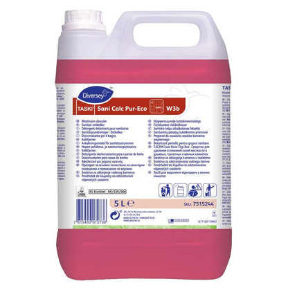 A 5-liter container made of pink plastic with TASKI Sani Calc Pur-Eco sanitary cleaner from Diversey Deutschland GmbH & Co. OHG for effective limescale removal, with a white label with product details, instructions for use, and safety symbols.
