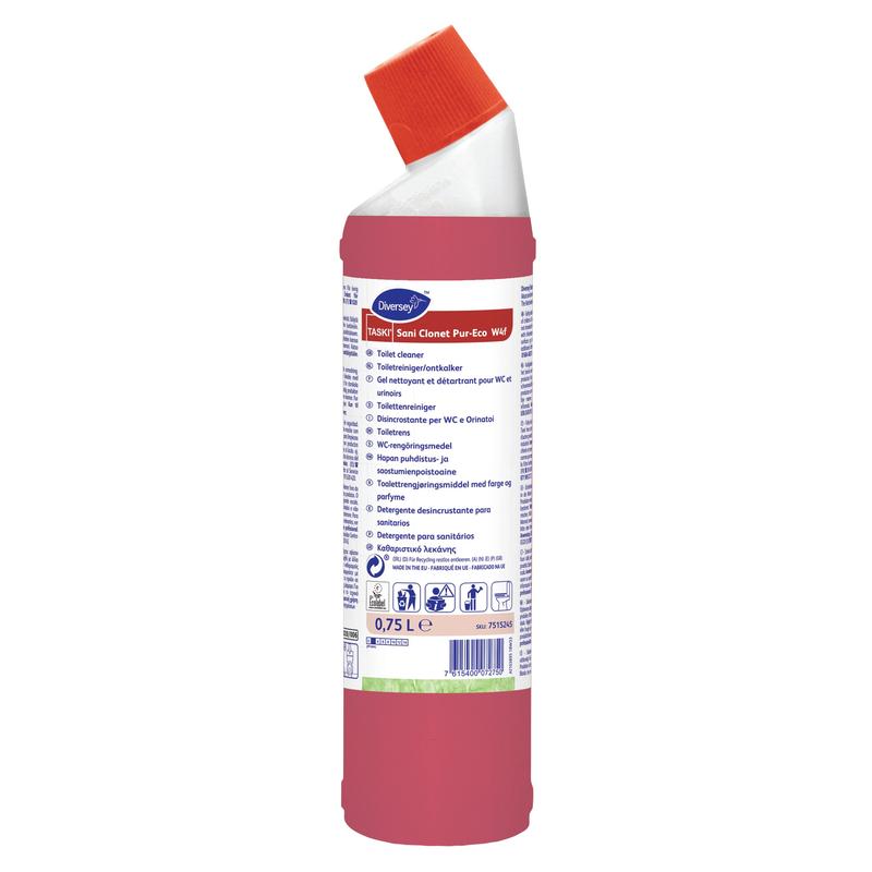 The red bottle TASKI Sani Clonet Pur-Eco toilet cleaner from Diversey Deutschland GmbH & Co. OHG with a white-red angled closure holds 0.75 liters. The label contains multilingual information. The environmentally friendly formula ensures hygienic cleanliness.