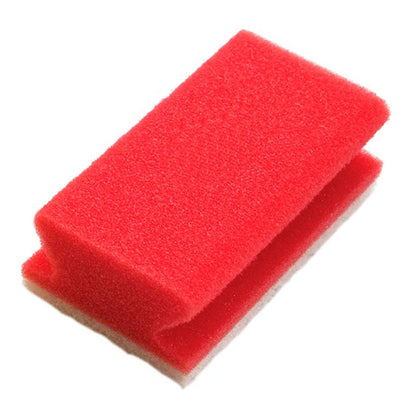 A rectangular red TASKI sponge pad sponge 10 pcs. from Diversey Deutschland GmbH & Co. OHG, with a central groove, on a white background - ideal as a cleaning tool for effective cleaning.