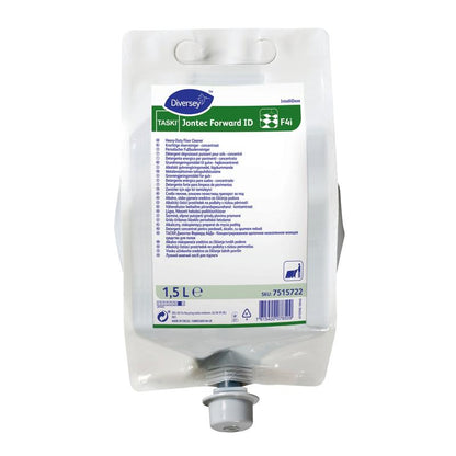 A 1.5-liter plastic bag of TASKI Jontec Forward floor cleaner concentrate from Diversey Deutschland GmbH & Co. OHG with a spout at the bottom and a white label with product details and instructions for more convenience.
