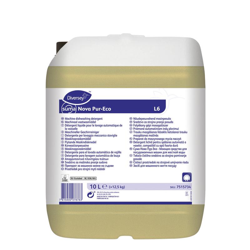 A 10-liter plastic container of Suma Nova Pur-Eco L6 dishwashing liquid from Diversey Deutschland GmbH & Co. OHG, with a white lid and multilingual label for use in commercial dishwashers.