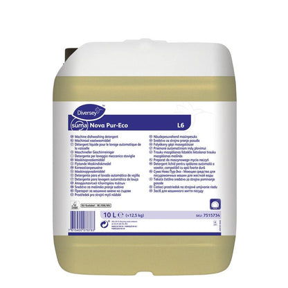 A 10-liter plastic container of Suma Nova Pur-Eco L6 dishwashing liquid from Diversey Deutschland GmbH & Co. OHG, with a white lid and multilingual label for use in commercial dishwashers.