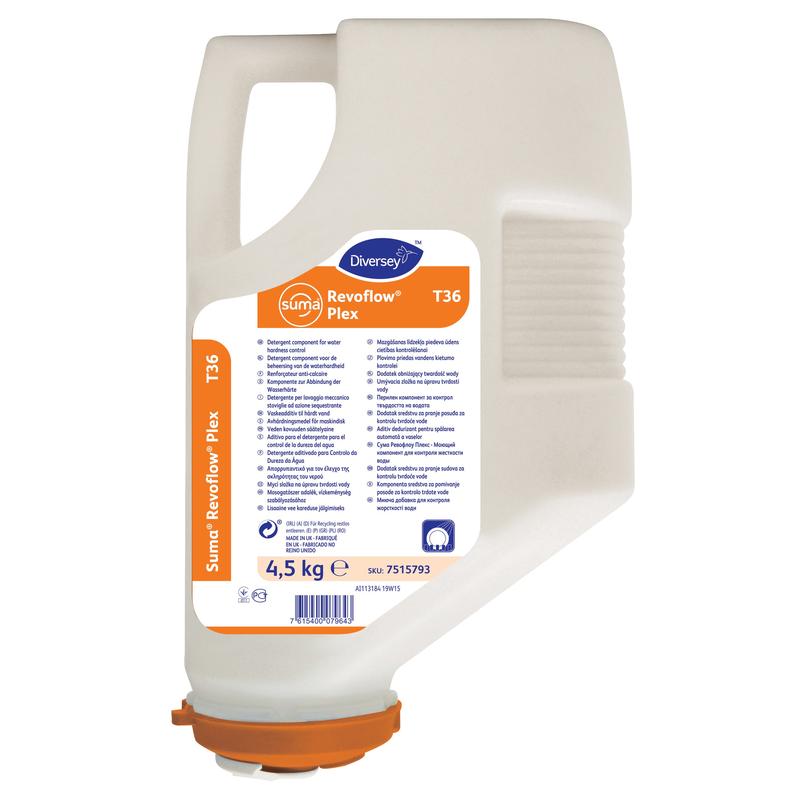 A 4.5 kg white Suma Revoflow Plex T36 water softener cartridge from Diversey Deutschland GmbH & Co. OHG, with an orange label and lid, displays product information and branding vertically on the visible side.