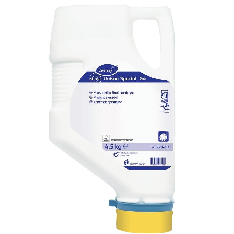 A 4.5 kg white plastic cartridge with Diversey Suma Unison Special G4, a phosphate and chlorine-free machine dishwashing detergent for medium to hard water, from Diversey Deutschland GmbH & Co. OHG.