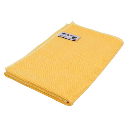 A folded yellow TASKI Jonmaster Ultra Cloth cleaning cloth 32x32 cm from Diversey Deutschland GmbH & Co. OHG with a rectangular label on one corner, displayed on a white background - perfect for streak-free results.
