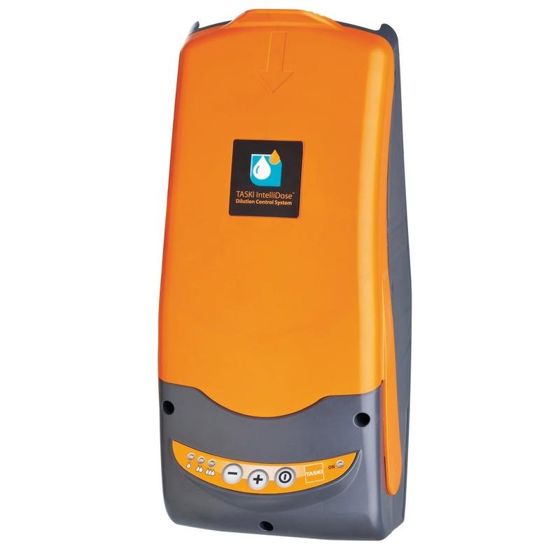 The TASKI IntelliDose swingo 755/855/1255 from Diversey Deutschland GmbH & Co. OHG is a dosing system for scrubber driers with wheel drive, wall-mounted in orange and gray with several buttons and indicator lights on the front panel.