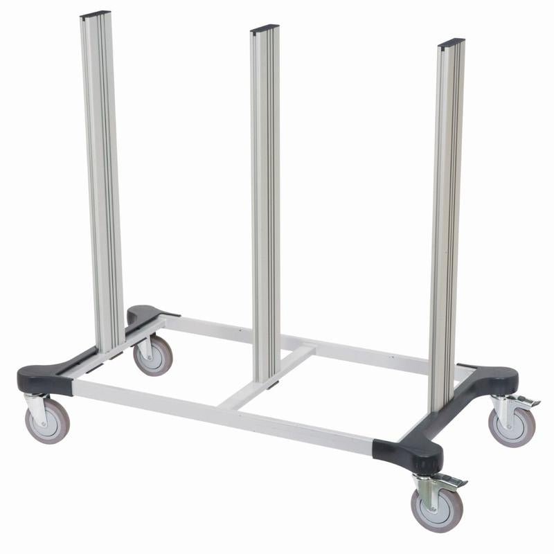The TASKI chassis Midi, large basic frame from Diversey Deutschland GmbH & Co. OHG is a rectangular metal cart with four vertical columns and swivel casters, suitable for professional cleaning tasks and the transportation or storage of stacked items.
