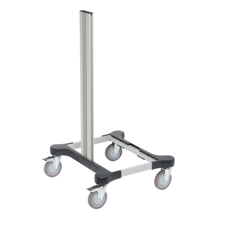 The product "TASKI Chassis Micro, small base frame" from Diversey Deutschland GmbH & Co. OHG is a compact, mobile equipment base frame with four swivel castors and a central post on a white background.