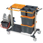 The TASKI Midi Trolley Wet from Diversey Germany is a top system for professional wet cleaning with flat and Kentucky mop covers, equipped with four wheels, color-coded containers, a caddy with tools and compartments for organized storage.