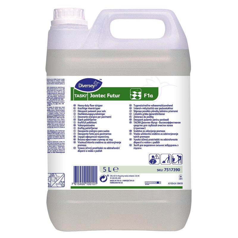 A 5-liter canister of TASKI Jontec Futur universal base cleaner for all alkali-resistant surfaces from Diversey Deutschland GmbH & Co. OHG, with handle and front label with instructions for use and safety symbols.