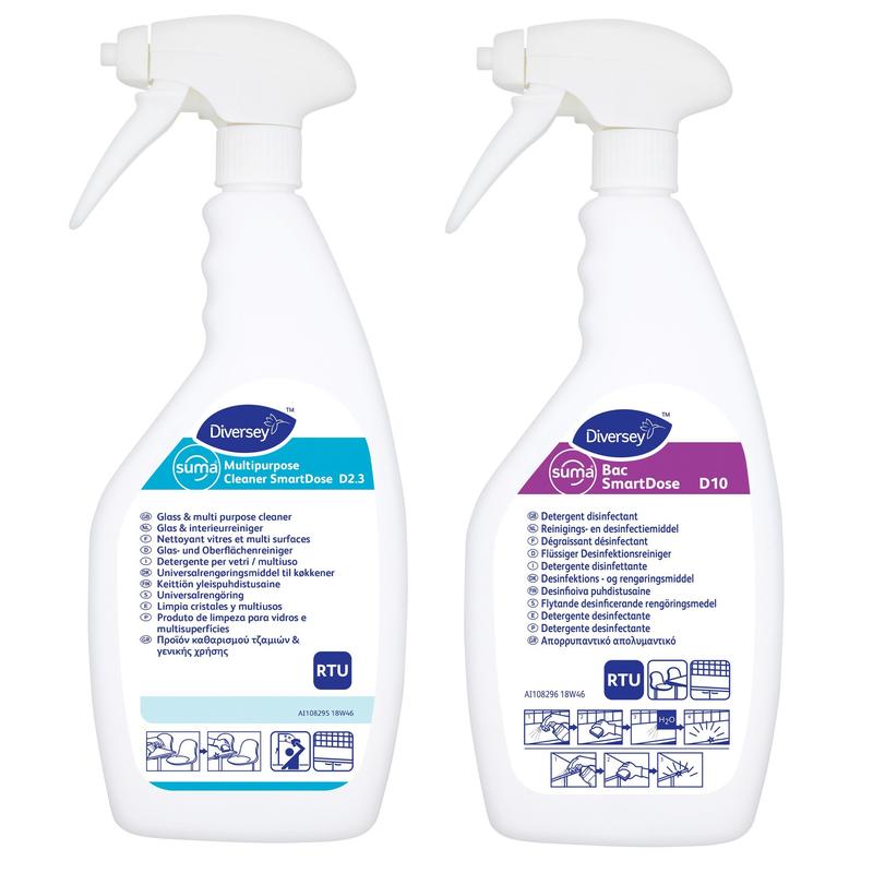 Two white empty bottles for Suma SmartDose D2.3 and Suma Bac D10 (750 ml, Diversey Germany) with blue labels and clear instructions are shown; left D2.3, right Bac D10. Carton contains 6 bottles with matching labels.