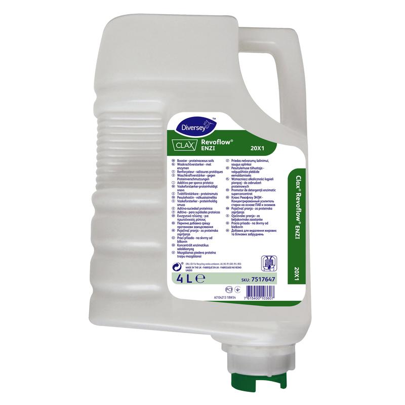 A 4-liter cartridge of Diversey Clax Revoflow ENZI 20X1, a highly concentrated, phosphate-free surfactant/enzyme booster for the Revoflow system of Diversey Deutschland GmbH & Co. OHG.