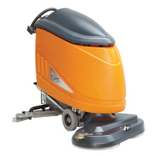 The TASKI swingo 1850 BMS from Diversey Germany is an orange-grey battery-operated scrubber-dryer with drive wheels, handlebars, IntelliFlow, W-shaped suction nozzle, integrated charger, and 4x6V-180Ah batteries for efficient cleaning of medium-sized areas.