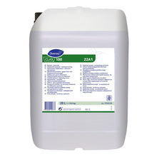 A 20-liter canister of Clax 100 washing power booster - food contamination from Diversey Deutschland GmbH & Co. OHG, with a white, multilingual label, handle, and screw cap for the effective cleaning of food stains.