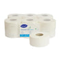 A pack of 12 white, 2-ply Ultrasoft Mini Jumbo toilet paper rolls (145m/roll), environmentally certified, by Diversey Deutschland GmbH & Co. OHG. Package shows product information; one roll is positioned in front.