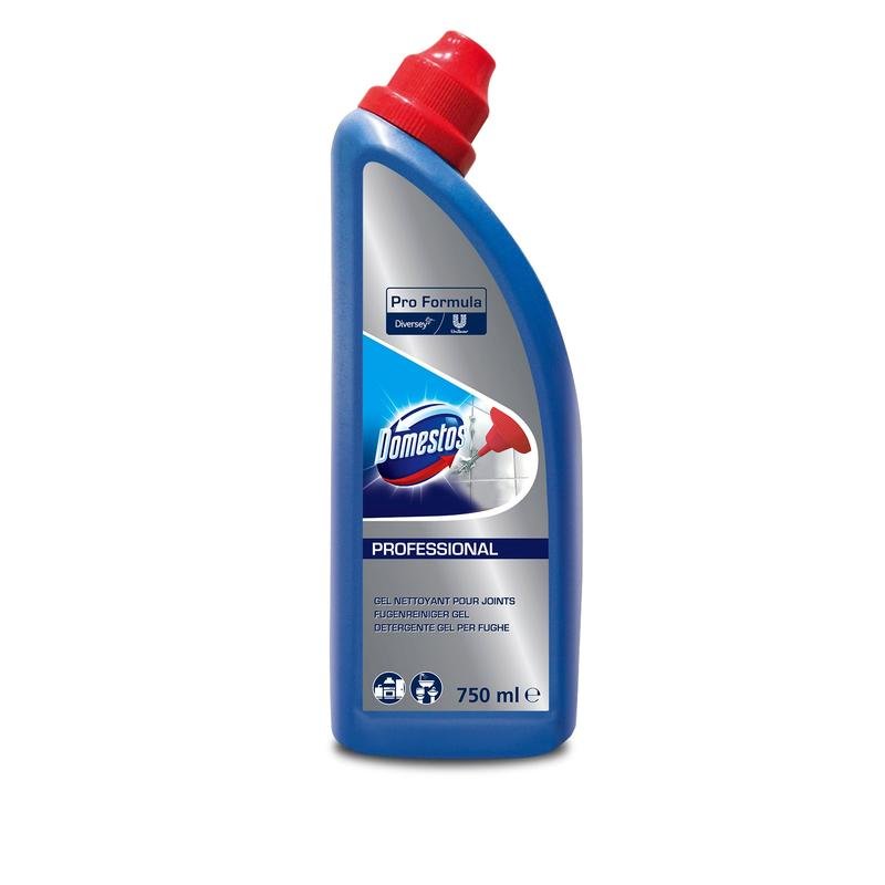 A 750 ml bottle of DOMESTOS Professional Joint Cleaner and Mold Remover from Diversey Deutschland GmbH & Co. OHG is a blue bottle with a red angled cap, intended for professional use, with product information and branding on the label.