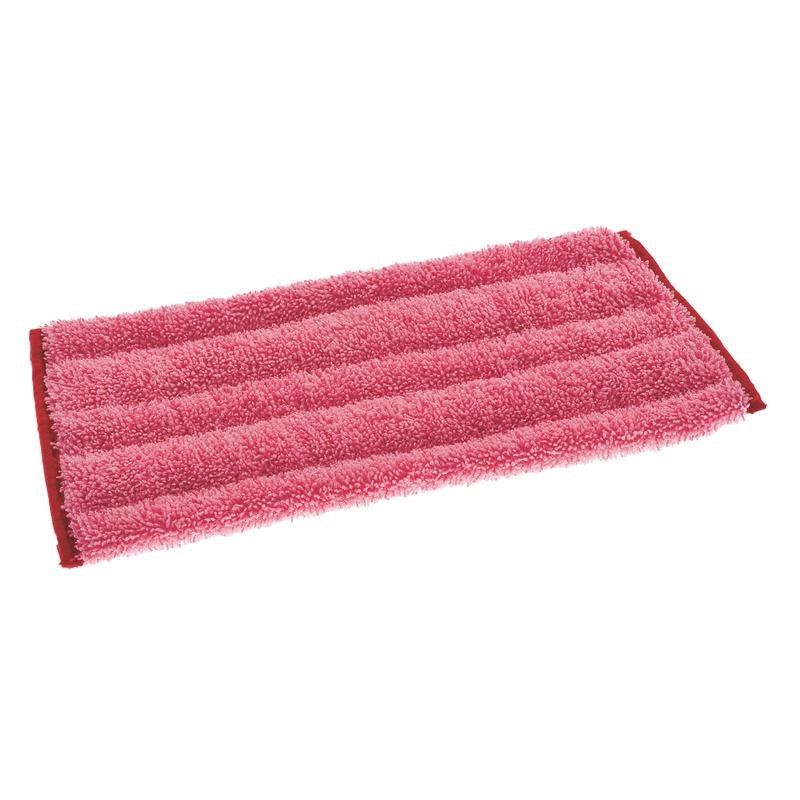 A rectangular pink TASKI Jonmaster Ultra Damp Mop, red by Diversey Deutschland GmbH & Co. OHG, with red edges, lies flat on a white background. Developed for hygienic cleaning in professional cleaning environments.