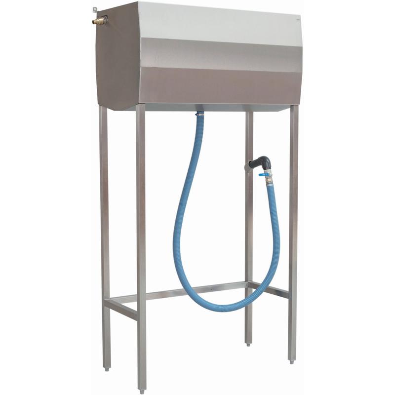 The Josto Service Station 300 from Diversey Deutschland GmbH & Co. OHG is a 300L stainless steel filling station for scrubber dryers, ideal for commercial cleaning companies, equipped with a rectangular tank, metal stand, blue hose, and dispensing nozzle.