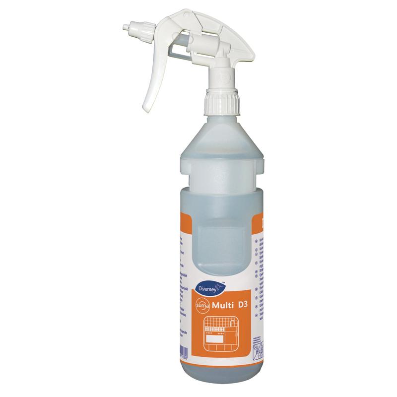 Clear 0.75L plastic refill bottle from Diversey Deutschland GmbH & Co. OHG, with a white trigger nozzle and orange-white label, for Suma Multi D3 conc-including dispenser tape, suitable for Divermite and DQFM systems.